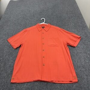 Statements Shirt Mens M Orange Silk Short Sleeve Button Up Camp Minimalist Style